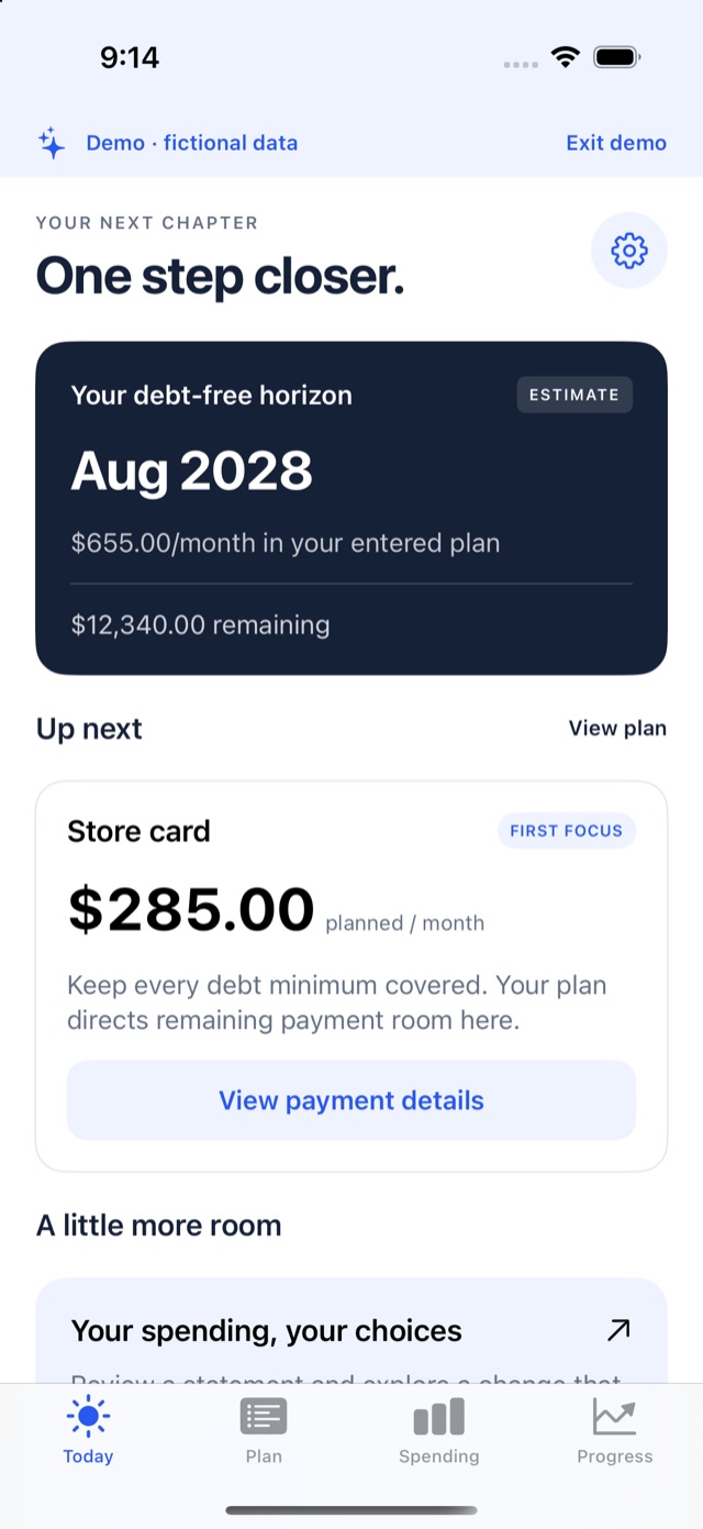 Clearward's Today screen: a debt-free horizon of August 2028, $655 a month in the plan, and $285 planned for the store card this month.